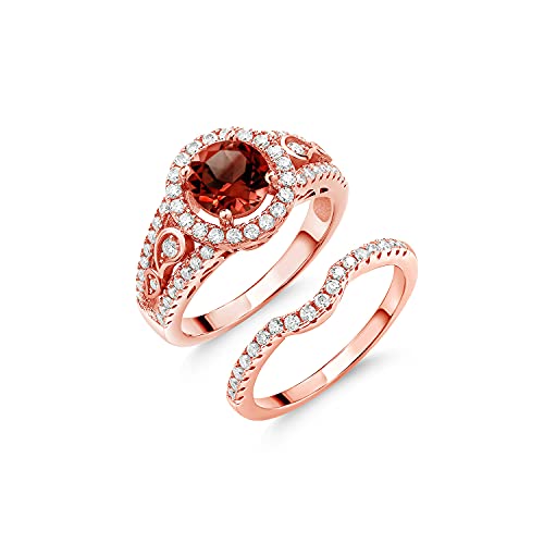 Gem Stone King 18K Rose Gold Plated Silver Red Garnet and White Moissanite Wedding Engagement Ring Band Bridal Set Ring For Women (1.94 Cttw, Gemstone Birthstone, Available In Size 5, 6, 7, 8, 9)