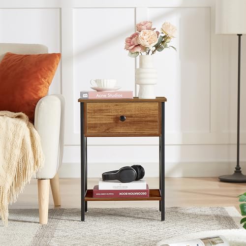 Image of VECELO Nightstand,Modern Bedside End Table, Night Stand with Drawer and Storage Shelf for Living Room Bedroom, Industrial Metal Frame
