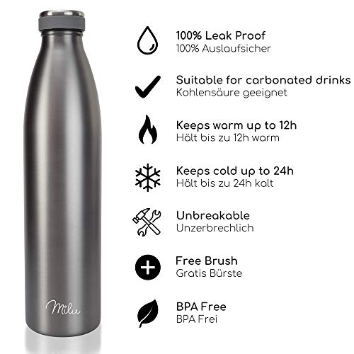 Milu Termo Botella de Agua 500ml, 750ml, 1l - Acero Inoxidable - Aislamiento de Vacío de Doble Pared - Libre BPA (Gris… - Imagen 3