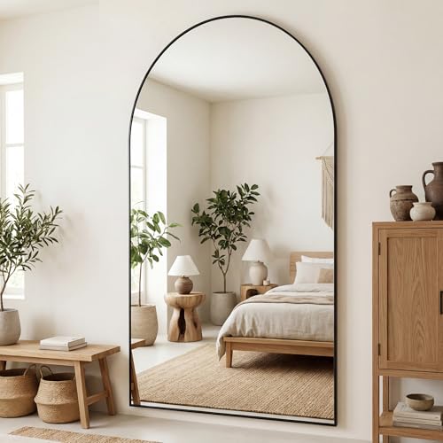 Antok 208x112cm Großer Ganzkörperspiegel, Gewölbter Standspiegel, Bruchsicheres Glas, Bodenspiegel für Wohnzimmer, Ankleide, Lehnende, Wandmontage, Sichere Verpackung, Schwarz