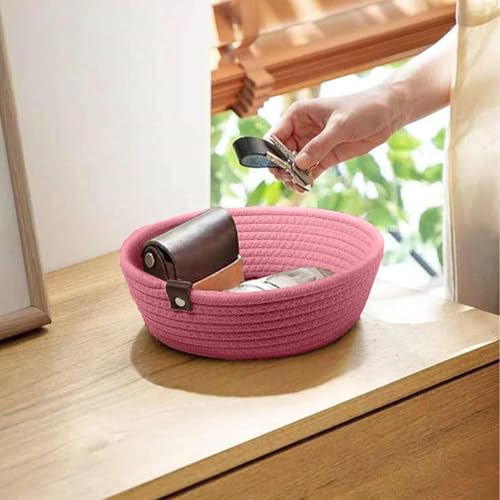 Image of Handmade Jute Cotton Storage Baskets Set of 3 for Dining Table, Fruit Basket & Roti Bowl, Cane Style Organizer for Kitchen, Home Decor, Washable Multipurpose - Beige (Pink)