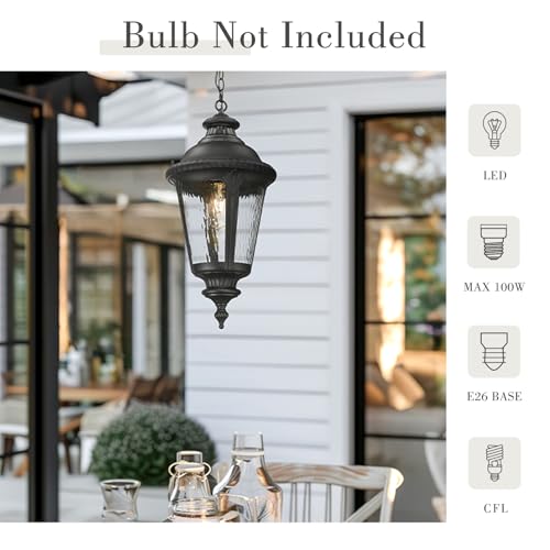 Image of Emliviar Large Outdoor Pendant Lights for Porch, 25 inch Black Exterior Hanging Lantern with Water Ripple Glass, XE265H-SW BK