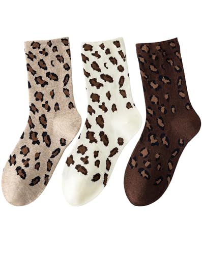 Yawlsow Leopard Socks Tortoise Shell Cheetah for Women Animal Print Crew Socks (3 Beige+Khaki+Brown)