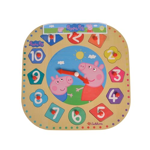 Eichhorn Peppa Pig 109265704 Learning Clock with 12 Plug-in Parts, 13-Piece Set, FSC 100% Certified Linden Plywood, 25 cm, Multi-Coloured