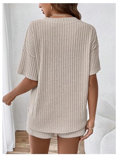 Image of MakeMeChic Women's Maternity 2 Piece Sets Ribbed Shirt and Biker Shorts | Cute Pregnancy Outfits,Maternity Pajamas,Lounge Set,Short Sleeve Top,Summer Vacation,Bump Friendly
