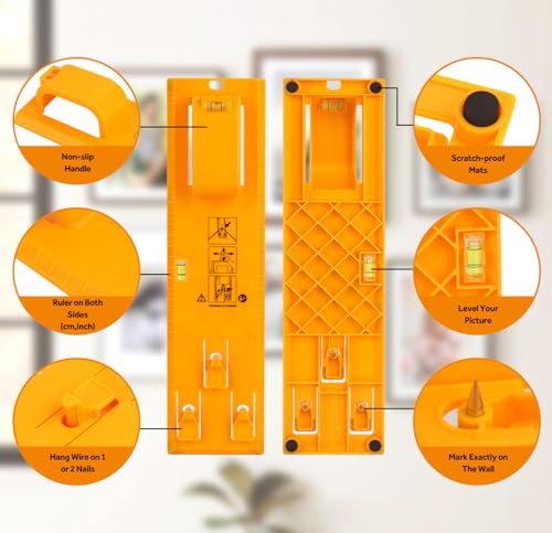 Image of Upgraded Picture Hanging Kit with 20 Hook Sets (Holds 5-30 lbs), Wall Hanger Tool with Bubble Level & Positioning Guide, Frame, Art, Photo Mounting Solution for Drywall, Brick, Wood