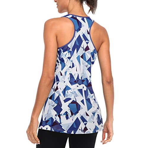 Hibelle Shelf Bra Tank Tops For Women, Workout Tops With Built In Padded Bra Womens Activewear Exercise Gym Shirts Stretchy Sleeveless Tunic Top Blue Geometry M #TOP2