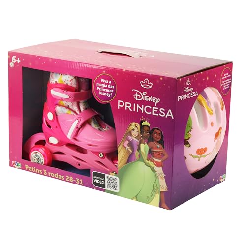 BBR Toys Patins 2 em 1 3 Rodas 28/31 com Kit de Proteção Disney Princesas Rosa