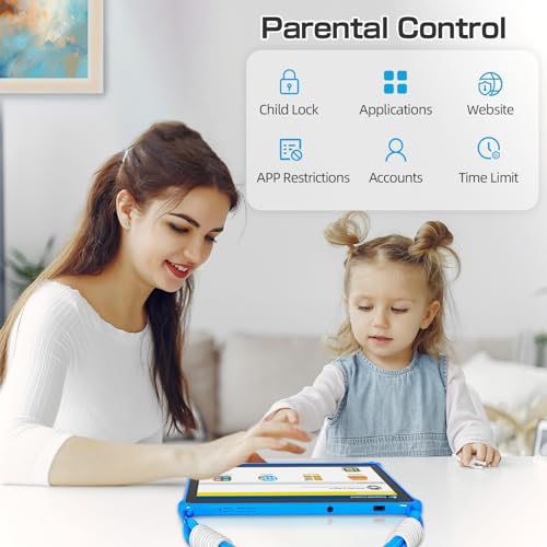 Image of PRITOM 10 inch Kids Tablets Android, 64GB, Tablet with Lanyard, Parental Control, HD IPS Display, WiFi, Dual Camera, Toddler Tablet for Kids, Blue