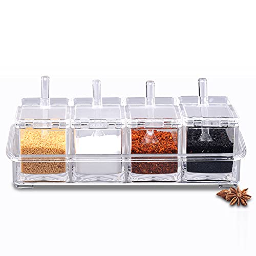 SvaTao Clear Seasoning Rack Spice Pots - 4 Piece Acrylic Seasoning Box - Storage Container Condiment Jars - Condiment Jar Spice Container with Cover and Spoon - for Kitchen, Counter, Food Storage