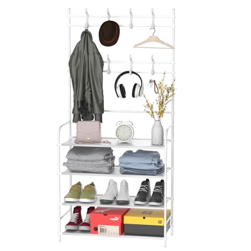 Miniatura 2 de T-Lovendo.Es Perchero Zapatero Con Estantería Y Ganchos Organizador De Entrada Para Abrigos, Bolsos Y Calzado Mueble De Metal Resistente Y Funcional Para Recibidor. 150x60x26cm.
