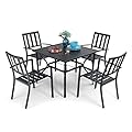PHI VILLA 5 Piece Outdoor Dining Table Set for 4, 37” Square Metal Dining Table with Umbrella Hole & Stackable Steel Chairs for Patio, Deck, Yard