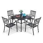 PHI VILLA 5 Piece Outdoor Dining Table Set for 4, 37” Square Metal Dining Table with Umbrella Hole & Stackable Steel Chairs for Patio, Deck, Yard