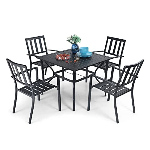 PHI VILLA 5 Piece Outdoor Dining Table Set for 4, 37” Square Metal Dining Table with Umbrella Hole & Stackable Steel Chairs for Patio, Deck, Yard