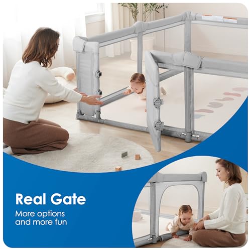 Image of Sweeby Foldable Baby Playpen, 79x71 Inch Baby Gate Playpens for Babies and Toddlers Extra Large Play Yard with Door Child Fence and Indoor Play Pen, Light Grey