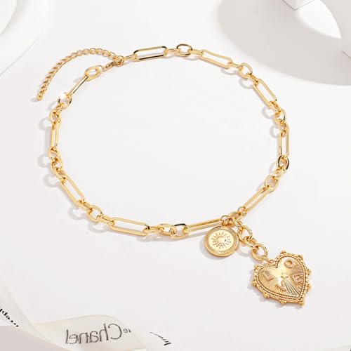 HETICA Chunky Gold Necklace for Women - Heart Gold Necklace Zirconia LOVE Pendant Necklace Round Sun Charm Necklace Fashion Short Necklace Gold Jewelry Necklace for Women2