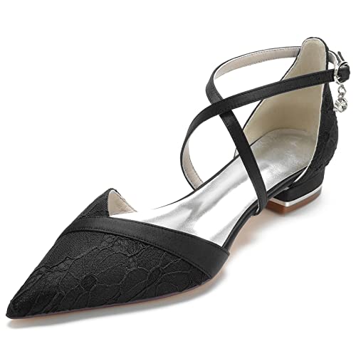 Image of Women's Pointed Toe Lace Wedding Flats for Bride Comfortable Strappy Wedding Shoes Low Heels Cross Strap Bridal Flats Evening Prom Party Dress Shoes Pumps