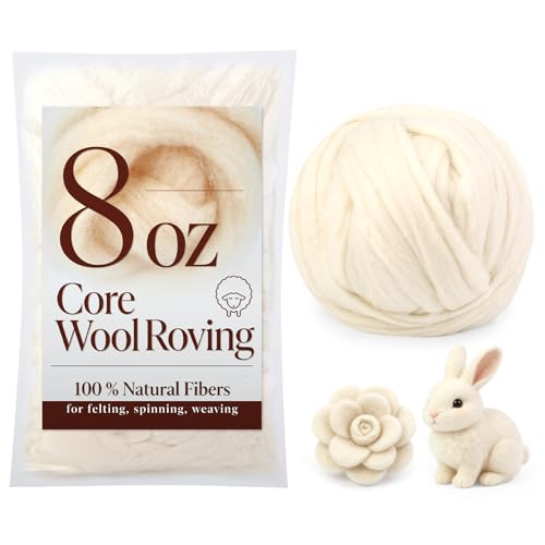 Wonvoc Core Wool for Needle Felting 8 OZ White Merino Wool Roving Soft Felting Wool for Wool Dryer Balls Needle Felting Supplies Chunky Yarn and Wet Felting White