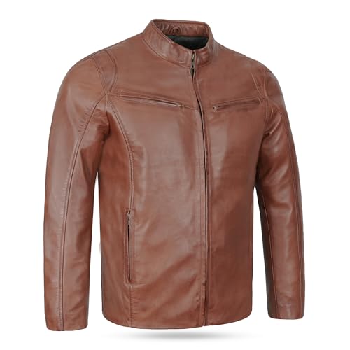 Leatherick Chaqueta de motociclista de piel de cordero para hombre - Chaqueta de motociclista negra, resistente y cálida, con cremallera (FR/ES, Letras, L, Regular, Regular, Chaqueta Hooper Marrón)