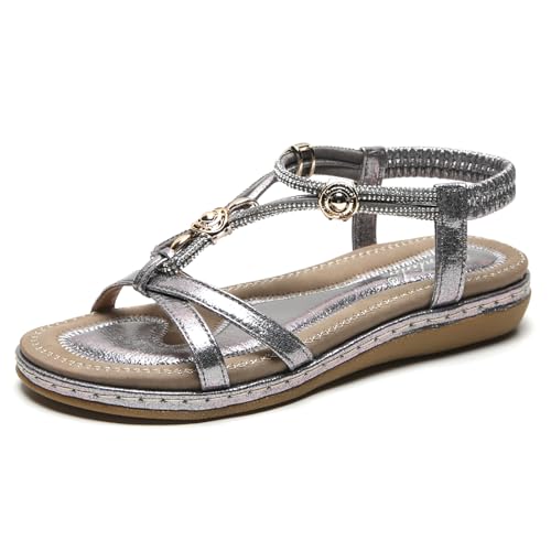 Sandales plates femme à bride arrière et strass élastiques