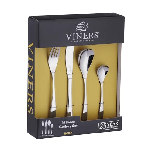 Viners Sicily 16 Pieces Cutlery Set |18/0 Stainless Steel | Teardrop Spoon Shape Mirror Polish | Serves 4 | Dishwasher Safe