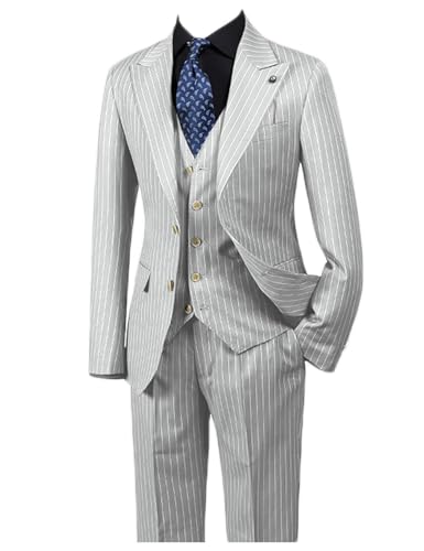 Men's Striped Suit 3 Piece Blazer Jacket Vest Pants White Pinstripe Business Casual Spring Fall