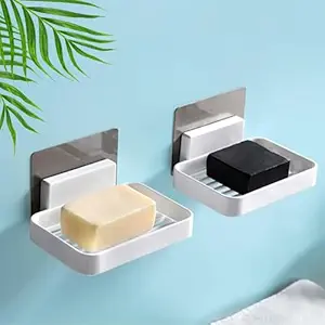 GarLeaf (2 Pcs) Wall Mounted Self Draining Soap Dish Holder Case - Hanging Waterproof soap Box Storage Rack with Self Adhesive Sticker for Bathroom, Kitchen, Bathtub, Washbasins, plastic