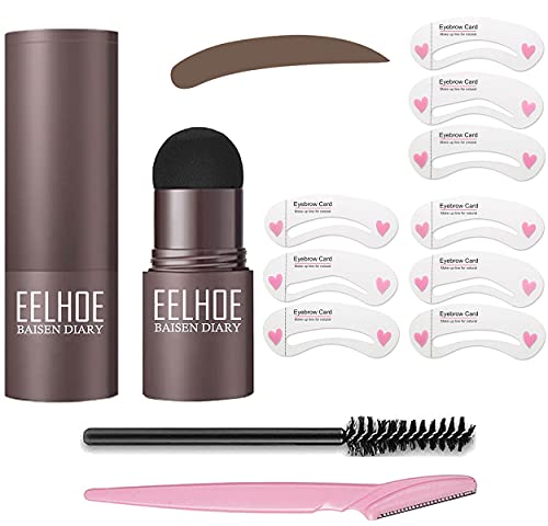 One Step Eyebrow Stamp Shaping Kit Brow Powder Stamp with 12 Reusable Eyebrow Stencils with Eyebrow Pen Brushes, Long Lasting Waterproof Buildable Eyebrow Makeup (Set 05)