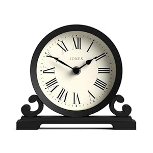 Jones Clocks® Saloon mantel clock | Traditional double scroll design | Black | Roman numerals | Classic style for desk, table, shelf or bedside