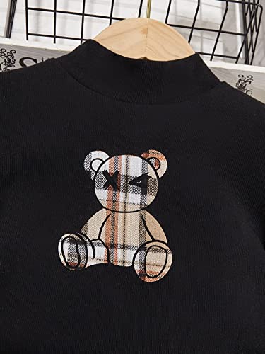 Image of Floerns Girls 2 Piece Outfit High Neck Tee Shirt with Plaid Mini Skirt Set Black Bear 8Y