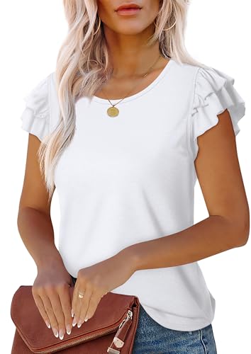 WEESO Ruffle Short Sleeve Shirts for Women Trendy Crew Neck T Shirts White L