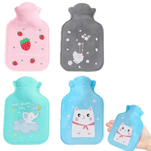 4 Stück Mini Wärmflasche, Wärmflasche Klein, Kleine Wärmflasches, Mit Niedlichen Motiven, 300 Ml Kleine Wärmflasches für Kinder und Erwachsene,...