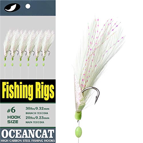 Ocean Cat 10 Packs Feather Fish Skin 6 Hooks Fishing Rigs With String Hooks Glow Fishing Beads High Carbon Hooks For Freshwater Saltwater Fishing Lures Bait Rig Tackle (2/0#，100Pcs) #TOP23