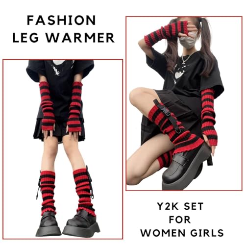 Crochet Hats for Women Girls,Cute Knitted Striped Arm Warmers Leg Warmers 80s Emo Scene Accessories3