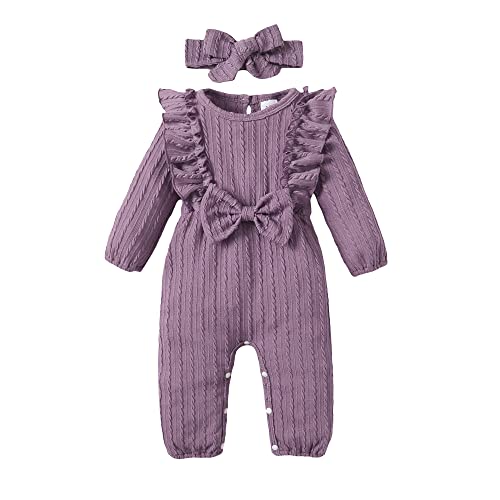 Image of Happy Town Baby Girl Romper Infant Fall Winter Clothes Ruffle Sweater Long Sleeve Bodysuit Jumpsuit and Headband