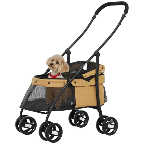 PawHut Carrito para Perros Plegable Cochecito para Mascotas Cochecito para Perros Pequeños con Ventanas de Malla Cojín Lavable Correas de Seguridad y Marco de Acero Carga 10 kg Café