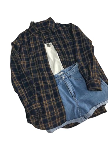 SweatyRocks Women's Vintage Button Down Long Sleeve Flannel Plaid Collared Shirt Shacket Blouse