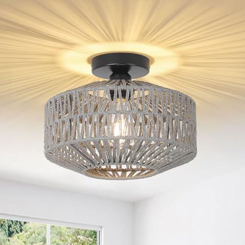 Jobtical Boho Light Fixtures Ceiling Mount，Rattan Ceiling Light Fixture with