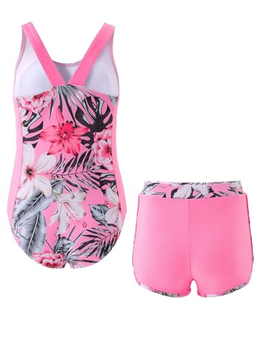 Image of Girls One Piece Swimsuits 2 Piece Girl Bathing Suit with Tropical Print Cover Up Shorts Teen Kids Swimwear 5-13Y