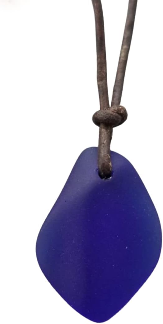 yinahawaii Handmade leather cord puff Cobalt Blue sea glass necklace, September Birthstone, unisex jewelry, (Hawaii Gift Wrapped, Customizable Gift Message)
