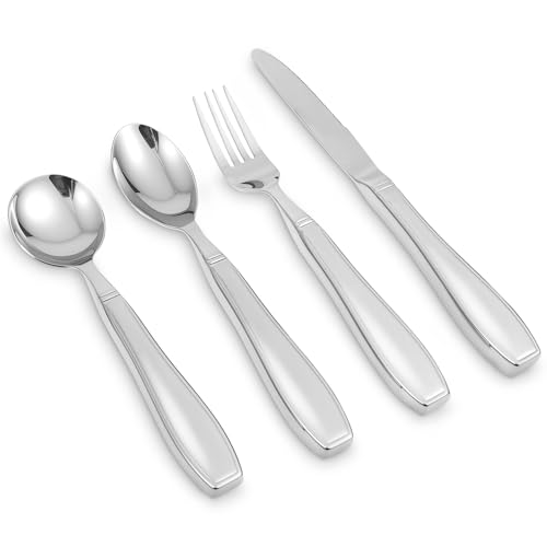 Adaptive Utensilien für Senioren,4 Stück Edelstahl-Besteckset,50° abgewinkeltes Messer,Gabel, Löffel,Adaptive Essbestecke helfen bei...
