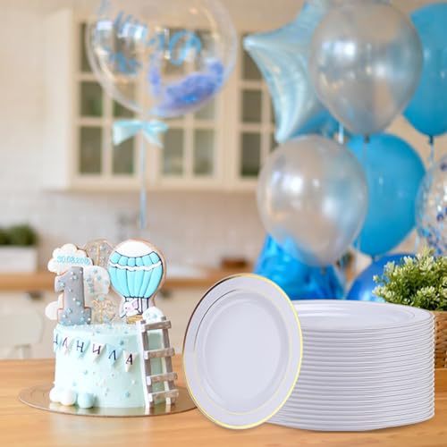 SHUESS 40 Pack White Plastic Plates with Gold Rim - 10 Inches Round Plastic Plates Reusable - Sturdy Dinner Plates - Elegant Party Plates for Weddings, Parties, Catering, and Picnics (26 cm) - Image 5