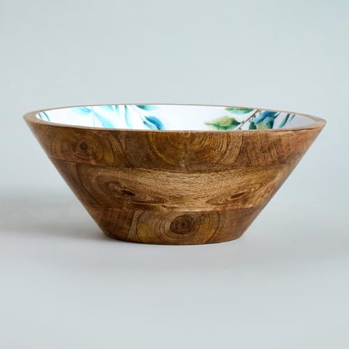 Image of SAAGA Printed Mango Wood Serving Bowl - 10 x 4 Inch Handcrafted Round Wooden Bowl | Food-Grade Finish for Noodles, Soups, Curries & Snacks - White & Aquamarine