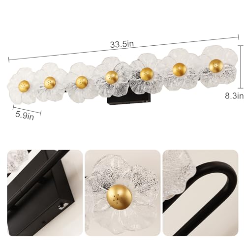 Image of MantoLite Bathroom Light Fixtures Modern Vanity Light Over Mirror Adjustable 3000K-6000K Picture Lights Art Light with Floral Clear Glass Shades for Living Room Bedroom Wall Sconces (7 Light Black)