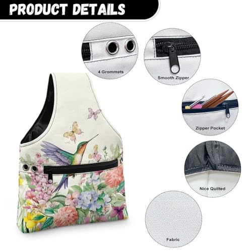Image of KUIFORTI Hummingbird Knitting Yarn Bag, Flower Crochet Bags for Women Tote Bag for Knitting Needles, Yarns and Unfinshed Project, Crochet Hook Organizer, Small Size
