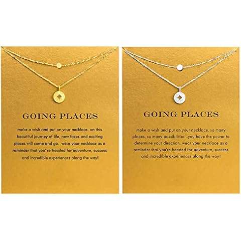 2pcs Message Card Layering Compass Pendant Necklace Silver Gold Friendship Sun Good Luck Elephant Pendant Chain Necklace for Women Girl Gift Cover