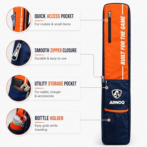 Image of Pro Cricket Bat Cover Full Size with Shoulder Strap, Water-Resistant & Lightweight, Quick Acess Pockets for Wooden & Plastic Bats (Orange)