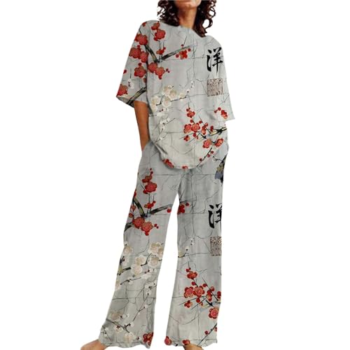 Ladies Plus Size Pyjamas with Pockets 2 Piece Lounge Set for Women Loungewear Pyjamas Set Short Sleeve Floral Print Top Shirt with Pants Pjs Size 12-14 Lounge Wear Wide Leg Loungewear Sets Grey