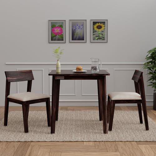 Image of DRIFTINGWOOD Liana 2-Seater Sheesham Wood Dining Table Set � in Walnut Finish with Table & 2 Cushioned Chairs � Ideal for Small Kitchens & Compact Living Spaces � Assembly Required (Beige)