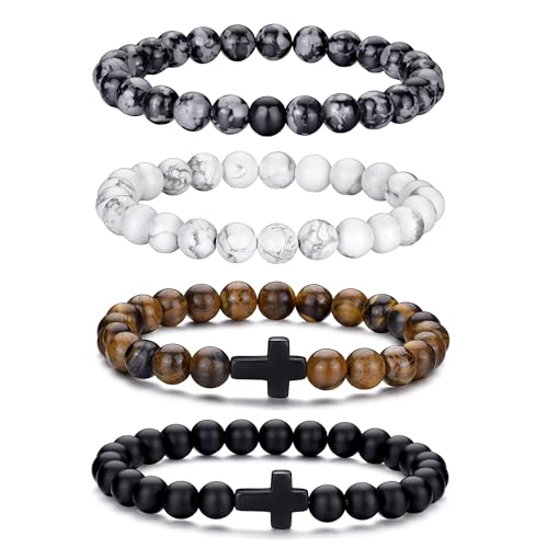RANKEEF Bracelet Croix pour Homme 8MM Jeu de Bracelets en Perles Stretch pour Homme Bracelets en Perles pour Homme Bracelet Croix en Perles